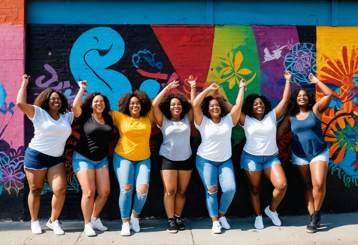 A diverse group of confident women of various body types celebrating together in an urban setting, surrounded by vibrant street art that promotes body positivity. They are engaging in joyful activities like dancing, laughing, and sharing hugs, embodying love and acceptance. The city backdrop features colorful murals and greenery, symbolizing growth and community. The scene is bathed in soft, warm sunlight to evoke a positive atmosphere. vibrant colors. super-realistic. urban setting.