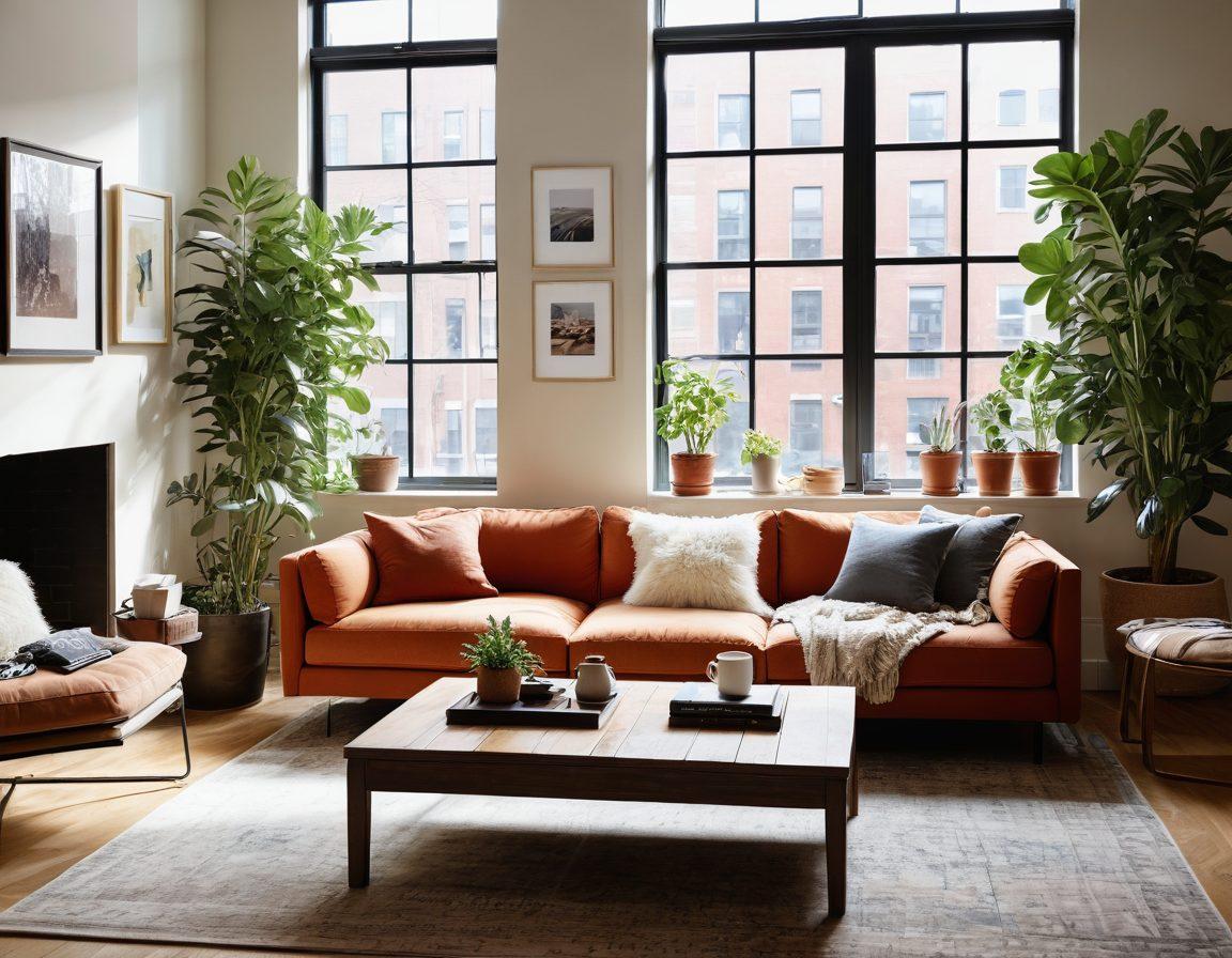 A cozy urban living space featuring a warm color palette and inviting decor. Include oversized plush furniture, diverse body positive artwork on the walls, and indoor plants that promote a sense of comfort and wellness. Showcase a styled coffee table with inspirational books and soft textiles, reflecting a lifestyle that embraces all body types. Infuse elements of natural light streaming through large windows, creating a peaceful yet vibrant atmosphere. super-realistic. vibrant colors. 3D.